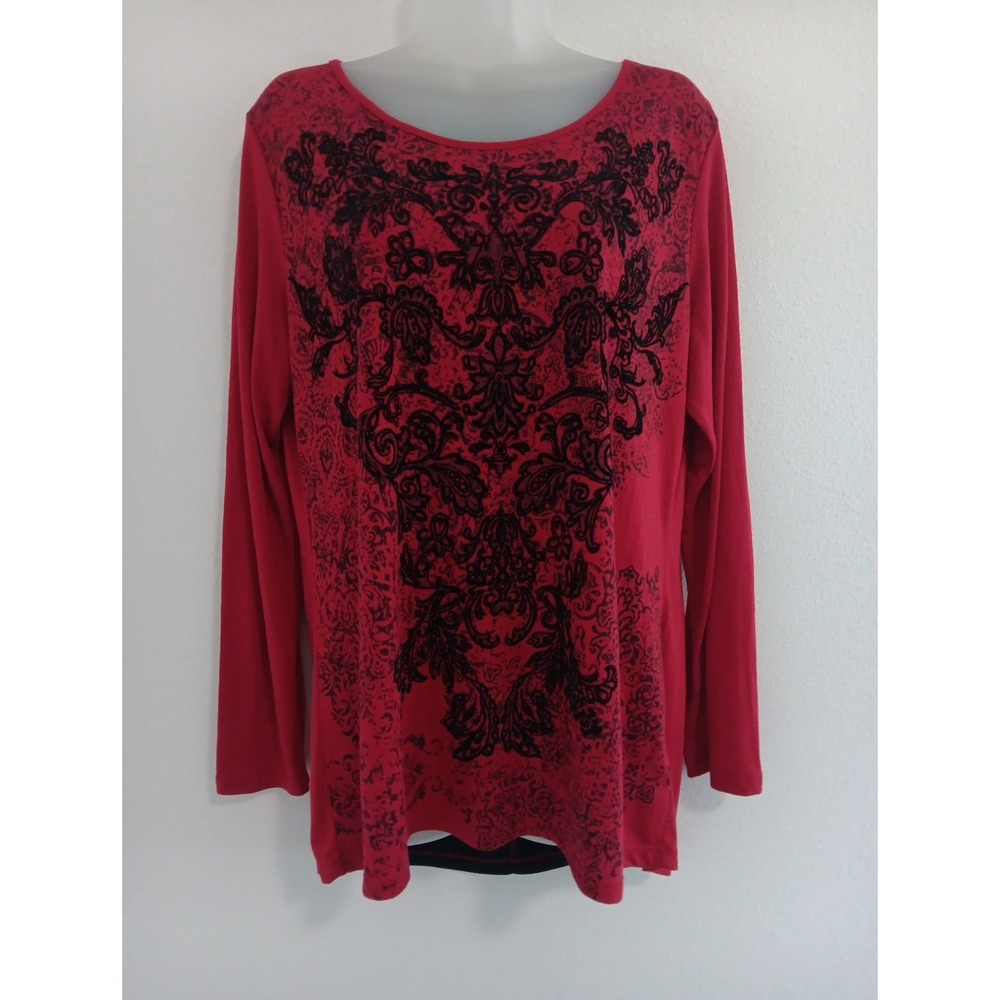 Y2K Long Sleeve T Shirt Womens Large Red with Velvet Texture Scuba Back Goth‎